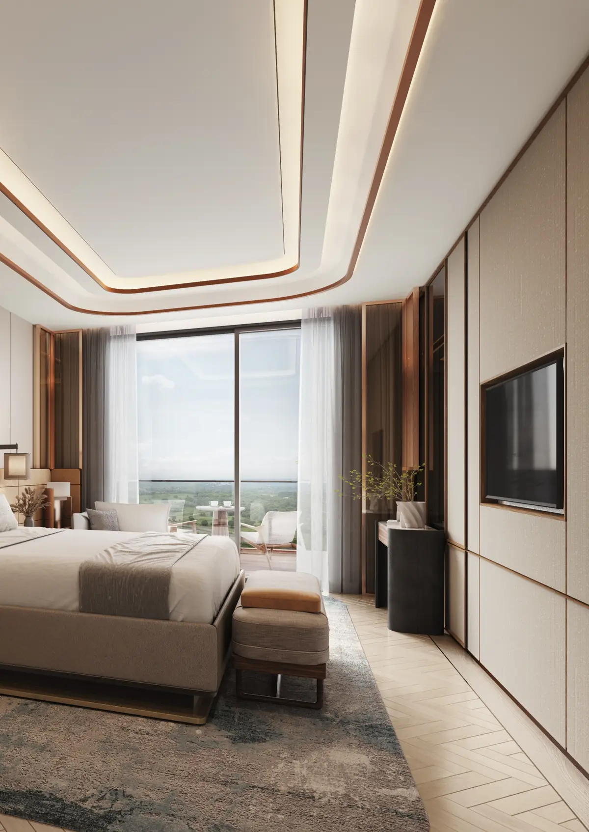 Bedroom suite with floor-to-ceiling glazing at Opus One