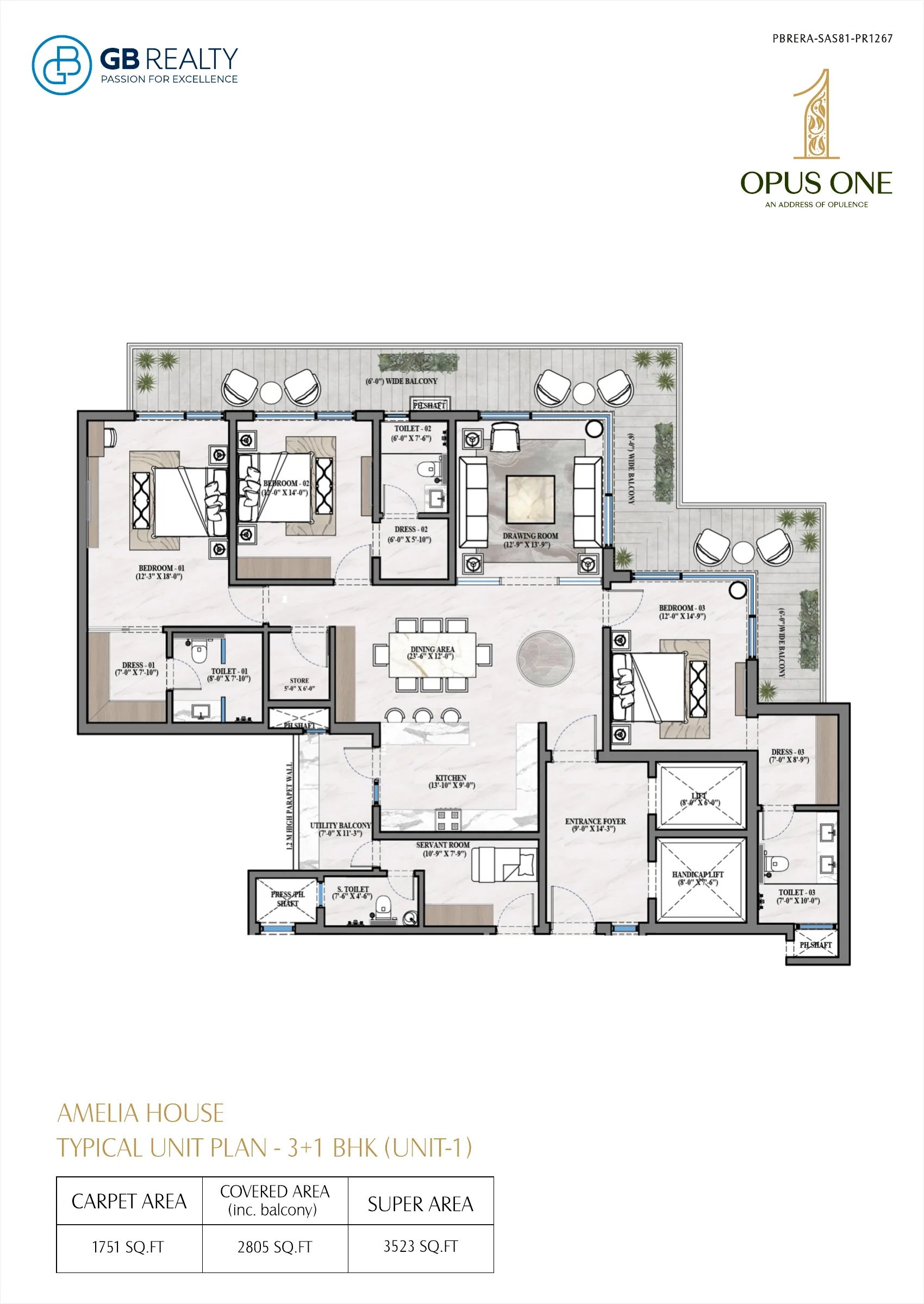 Opus One floor plan – Amelia House 3+1 BHK Unit 1