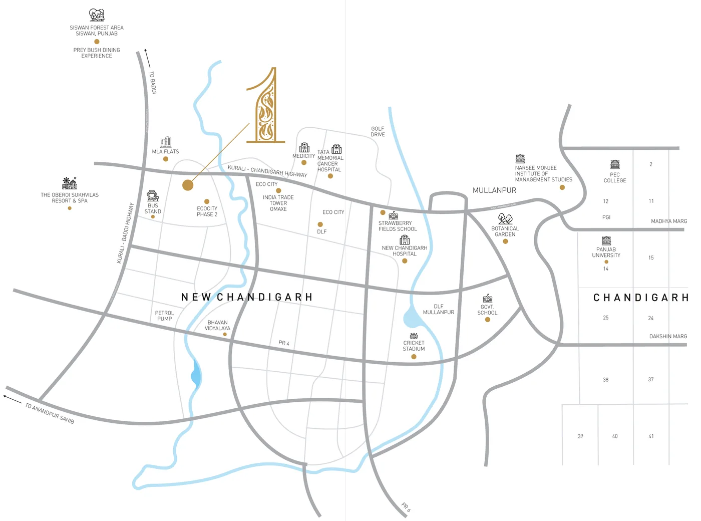 Location map of Opus One in New Chandigarh with nearby landmarks
