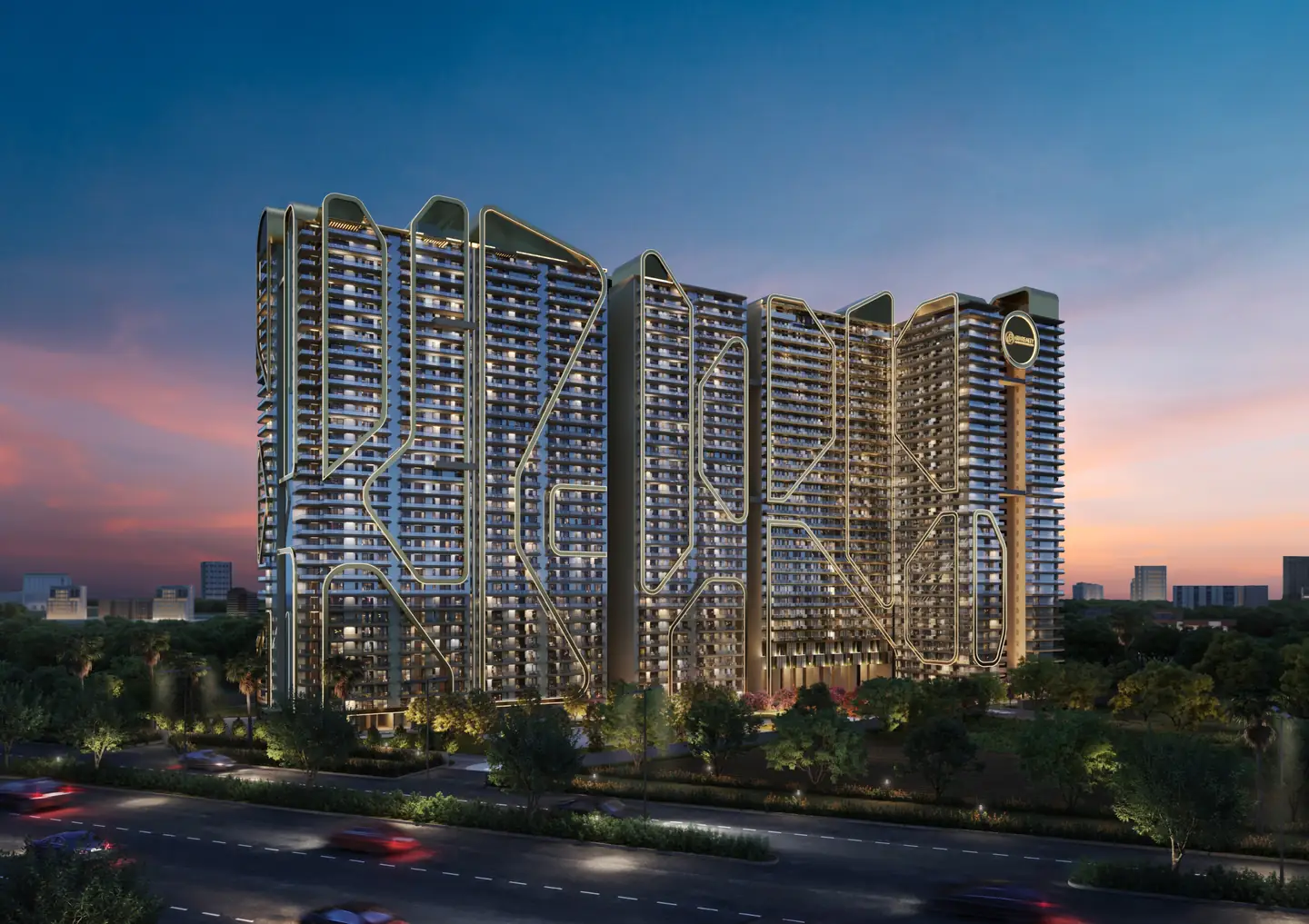 Opus One luxury residential towers in New Chandigarh at dusk