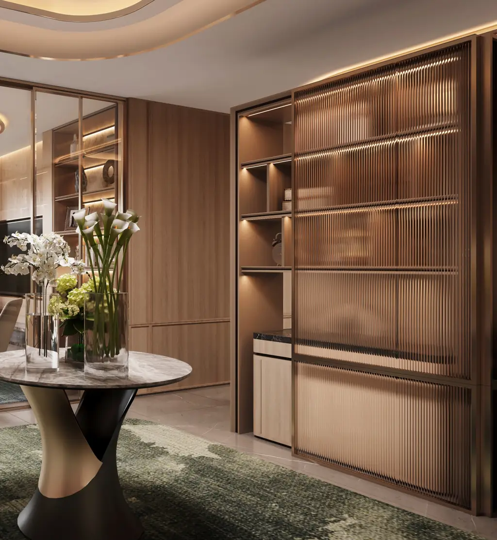 Residence foyer with display shelving at Opus One